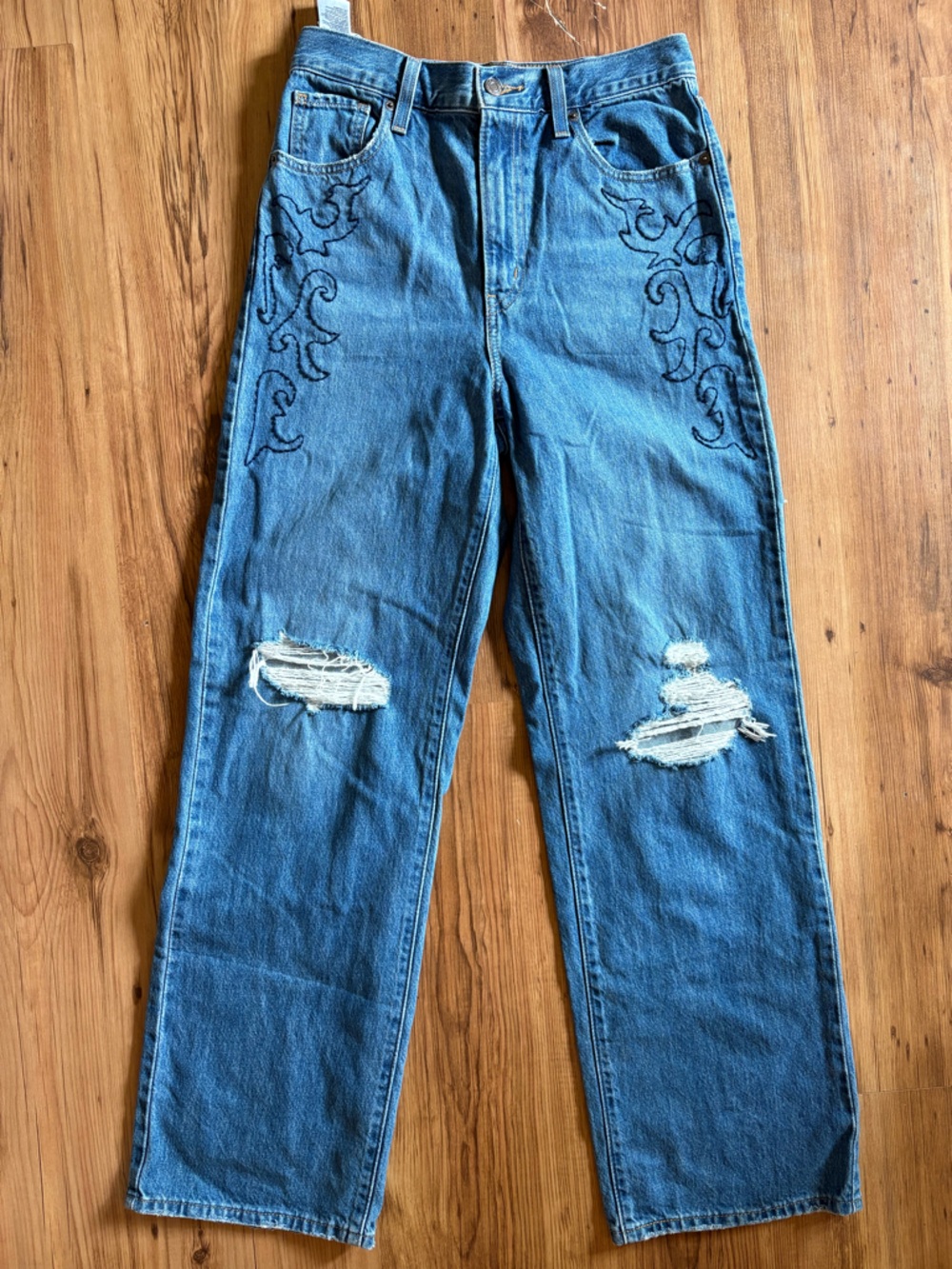 Refashioned Hand Embroidered Levi’s High Waisted Straight Leg Distressed Jeans